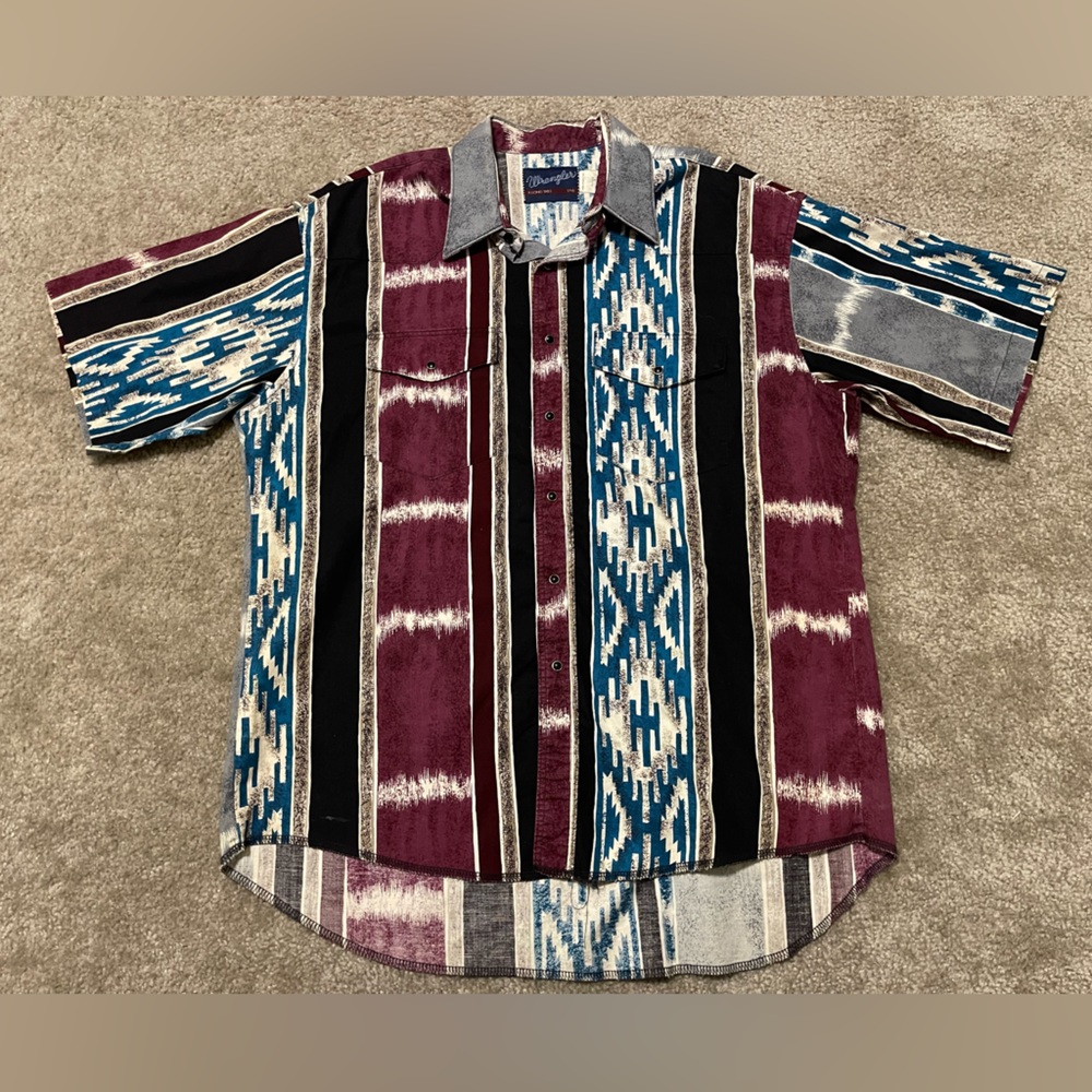 Men’s Vintage Wrangler X-Long Tails Aztec Print Pearl Snap Shirt Size 17 1/2